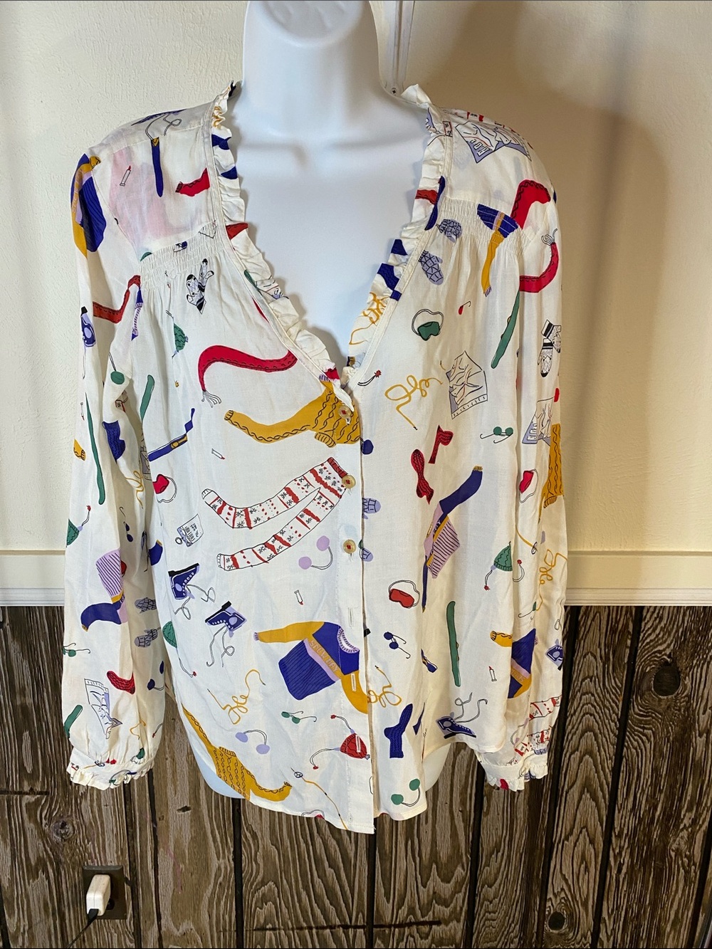 Anthropologie Cream Ruffle-Neck Mixed-Print Button Front Blouse